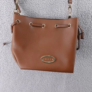 Guess Brown Faux Leather Bucket Bag Convertible Strap Gold Chain Accents - Picture 1 of 8