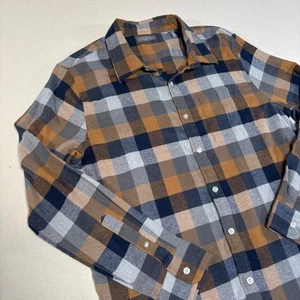 Geoffrey Beene Mens Long Sleeve Plaid Flannel Button Up Shirt Orange Blue Gray L - Picture 1 of 10