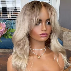 Balayage Ombre Platinum Blond Wave Wig with Bang 100% Human Hair Lace Front Wigs - Picture 1 of 6