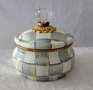 MacKenzie Childs STERLING Check Enamel Squashed Pot Canister Grey & White (1) - Picture 1 of 15