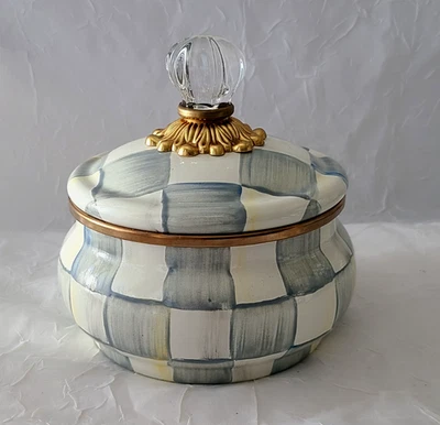MacKenzie Childs STERLING Check Enamel Squashed Pot Canister Grey & White (1) - Image 1 of 4