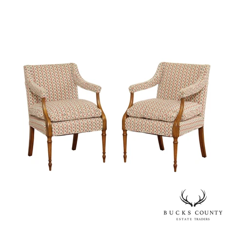 Sheraton Style Pair Custom Upholstered Arm Chairs Cover