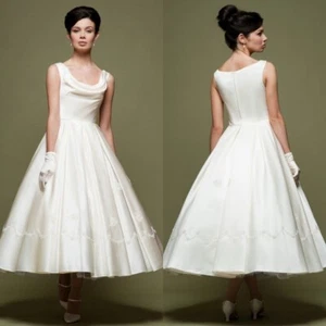 Satin Wedding Dresses Sleeveless Ivory Vintage Ankle Tea Length Bridal Gowns - Picture 1 of 12