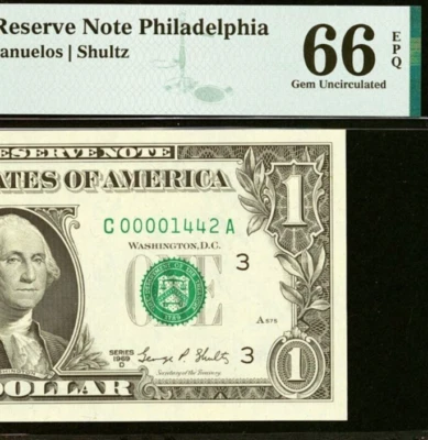 1969D $1 Philadelphia FRN PMG 66EPQ gem low fancy serial number 00001442 - Image 1 of 3