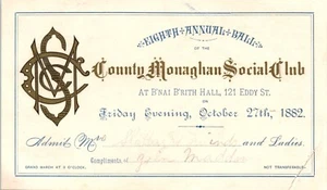 1882 County Monaghan Social Club 8° invito annuale ballo B'nai B'rith Hall SF - Foto 1 di 2