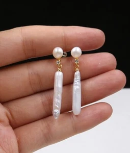 Long 5X25mm White Keshi Baroque Pearl Earrings Stud 18KGP - Picture 1 of 6