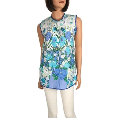 Vintage Art Smock Top Wash & Wear Floral Blue White Chore Apron Coverall Small - Image 1 of 4