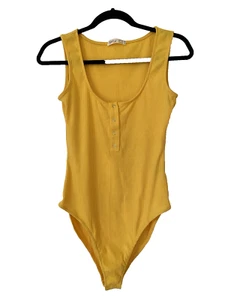 Ally Bodysuit Top Size M Yellow Tank Ribbed Cotton Stretch Jersey Press Studs - Picture 1 of 7