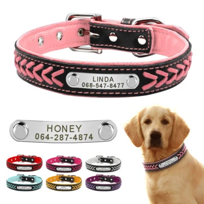 Braided Leather Personalized Dog Collar Name ID Engraved for Small - Large Dogs - Image 1 of 4