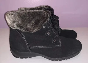 Sporto Womens Black Suede Ankle Winter Boots Lace Up W/ Faux Fur Trim 8M - Picture 1 of 10