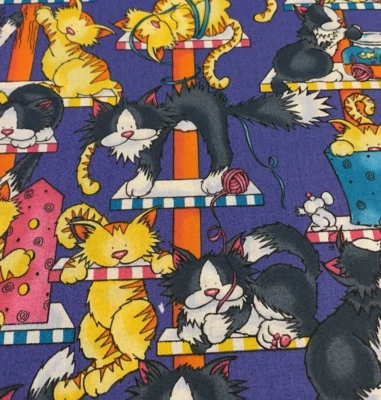 "Meow Allover" Cat Fabric By Daisy Kingdom Vtg Yellow Black White Purple 1+ Yds - Image 1 of 4