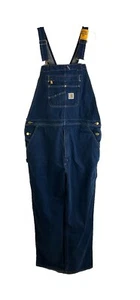 New Carhartt Spell Out Patch Loose Fit Denim Jean Overalls Carpenter Mens 42x36 - Picture 1 of 8