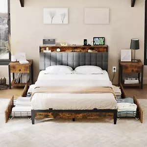 Full/Queen/King Metal Bed Frame Upholstered Headboard Platform w/ Storage Drawer - Picture 1 of 19