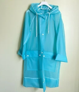 Mango Vinyl Hooded Sailor Raincoat Sz Small NWOT Blue Raglan Sleeve Armpit Went - Picture 1 of 6
