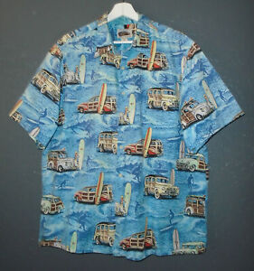 REYN SPOONER Hawaiian Shirt Art Of EDDY Y Vtg 1940 Surf Woody Car Blue Cotton XL