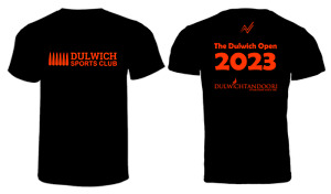 The Dulwich Open 2023 Squash T-Shirt - Black & Orange - S, M, L