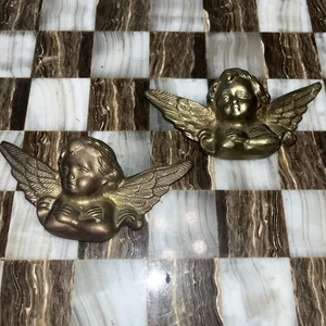 2 VTG 5" Brass Cherub Angel with Wings Small Catholic Collectible Wall Hanging - Picture 1 of 6
