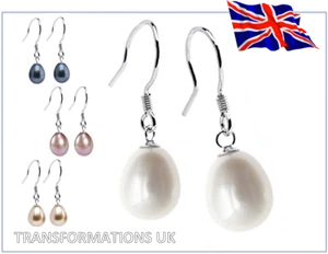 GENUINE FRESHWATER PEARL DROP - HOOK EARRINGS - 925 STERLING SILVER - 4 COLOURS - Picture 1 of 5