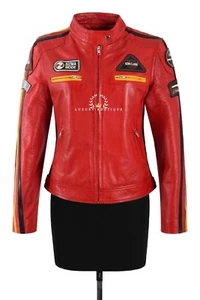 SIZMA Ladies Real Leather Jacket Red Classic Retro Motorcycle Racer Style Jacket - Picture 1 of 5