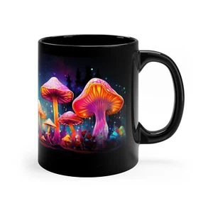 Colorful Magic Mushroom II Mug - 11oz Black Ceramic, Psychedelic, Chai Tea, - Picture 1 of 6
