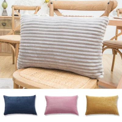 Flannel Fleece Coral Cushion Cover Rectangle Stripe Pillow Cases Sofa Home Decor - Image 1 of 4