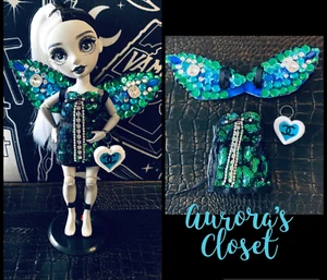 Rainbow High Custom Fairy Blue Sequin Wings Faux Leather Dress Rhinestone 455 - Picture 1 of 3