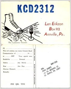 Annville PA Ham Card: Erikzon KCD-2312 QSL Roller Skate 1978; CB Radio, Penn - Picture 1 of 1