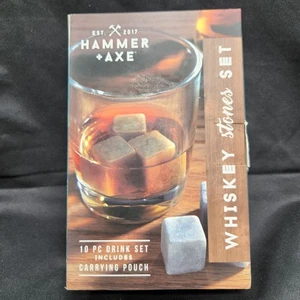 Hammer Axt Whisky Steine Set 10 Stück Speckstein Würfel mit Beutel Neu Open Box - Bild 1 von 8