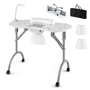 Folding Manicure Nail Table w/ Soft Wrist Pad & Bendable LED Table Lamp White - Picture 1 of 10