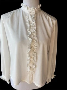 ¿Hecho a mano de colección? Blusa marfil nubby satinado eduardiana con volantes cuello botón delantero talla M - Imagen 1 de 11