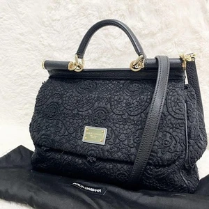 Borsa a mano DOLCE & GABBANA Sicilia all'uncinetto 2 vie tracolla tela pelle nera - Foto 1 di 13