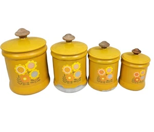 Vintage West Bend Retro Flower Power 4 Küchen Kanister Set | Gelb | Beschreibung lesen - Bild 1 von 15
