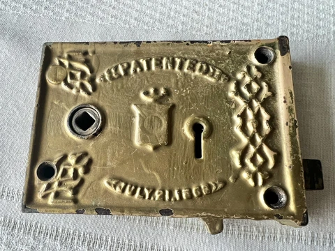 Antique Ornate Gold Painted BLW Rim Lock Pat. 1863. Lock Only, No Key Or Knobs Cover