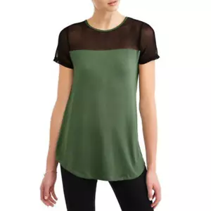 Attitude Unknown Women's Mesh Contrast Top Blouse Black & Olive Green Sz Lg New - Picture 1 of 2