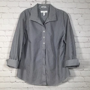 Chico's 2 No Iron Button Front Shirt Womans L 12 Blue White Flip Cuffs - Picture 1 of 7