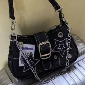 Y2K Underarm Bag Chain Denim Crossbody Bag Stars Denim Shoulder Bag Lady - Picture 1 of 8