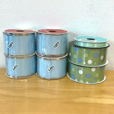 Michaels Celebrate It Ribbon Mixed Lot 28 yds Easter Green Dots Light Blue AR - Image 1 of 4