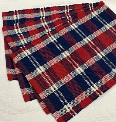 SET OF 4 Pottery Barn AMERICANA PLAID COTTON PLACEMAT Red White Blue July 4 Flag - Image 1 of 4