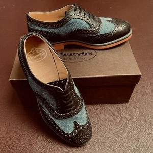 $565 NIB CHURCH'S Downton Blk Leather +Denim Blue Custom Grd Wingtip Brogues US8 - Picture 1 of 13