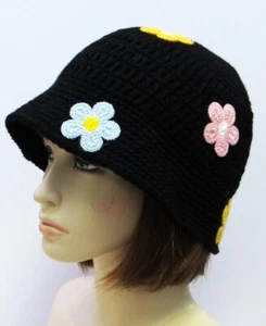 Women's Black Crochet Bucket Hat Multicolor Floral Flower Print Spring Summer - Picture 1 of 5
