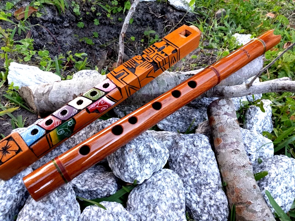 2 NATIVE AMERICAN STYLE INDIAN PRO- QUENA FLUTE & WOOD HAND CARVED DISPLAY FLUTE - Image 1 of 4