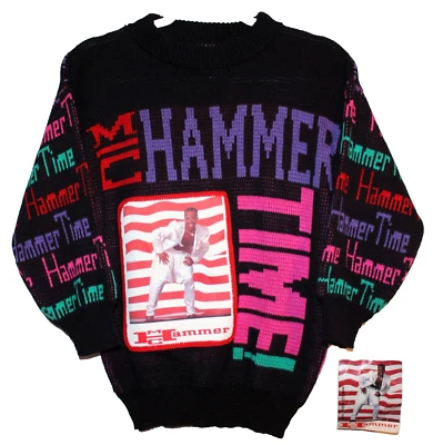 NEW! Vintage 90s MC HAMMER TIME UGLY SWEATER Sz XS Rainbow Rap Hip Hop Shirt AOP - Image 1 of 4