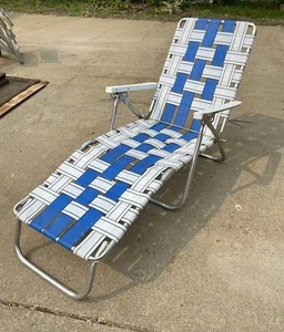 Vtg Folding Beach Chair Aluminum Webbed Lawn Chaise Lounge blue White sunbeam - Picture 1 of 10