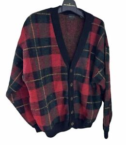 Vintage 90s Structure Wool  Mens Cardigan Sweater Medium Red Black Plaid Grampa