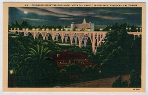 P-8 Colorado St Bridge, Vista Del Arroyo, Pasadena, California, Postcard, Linen - Bild 1 von 2