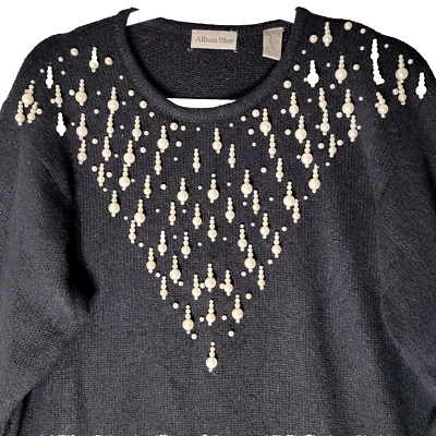 Vtg Allison Blair Sweater Womens L 3D Pearl Silk Angora Lambswool Blend Black - Image 1 of 4