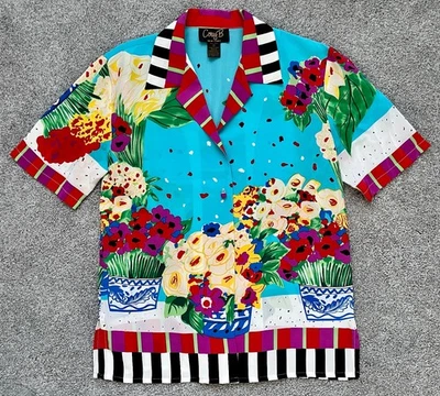 Blusa COREY B roja, azul, amarilla, seda floral, ajuste relajado, talla pequeña Foto 1 de 4