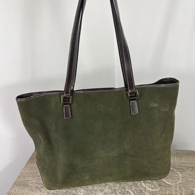 Ralph Lauren Green Suede Brown Leather Tote Bag Purse Logo Gold Snap Shoulder - Image 1 of 4