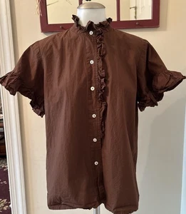 Mille Brown Button Blouse Top 100% Cotton SZ S Ruffle Front Sleeve Short Sleeve - Picture 1 of 12