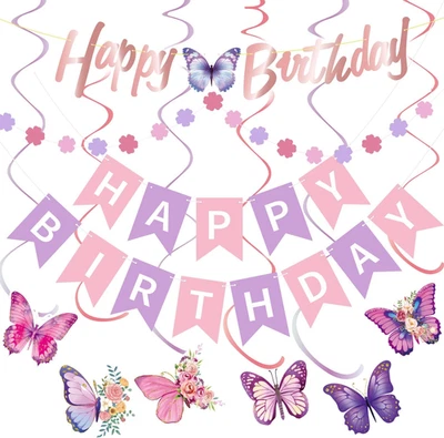 ANLLECR Purple Pink Birthday Decorations, Purple Happy Birthday Banner , Butterfly Hangi